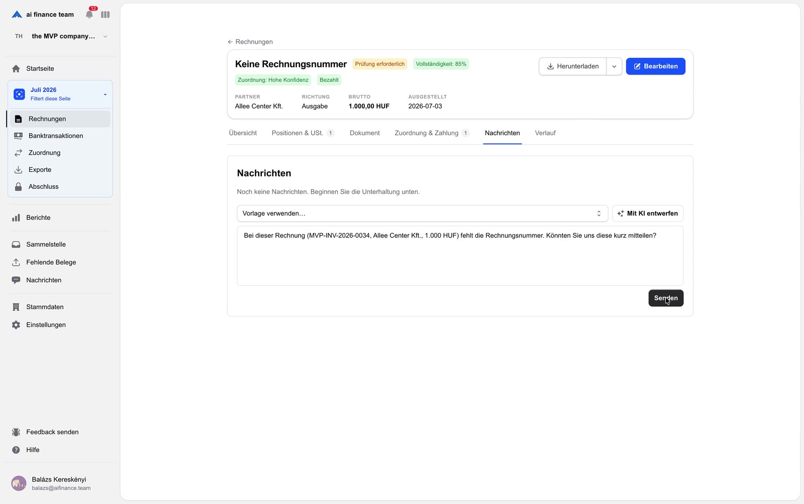 AI Finance Team entwirft eine Rückfrage zu einer Rechnung