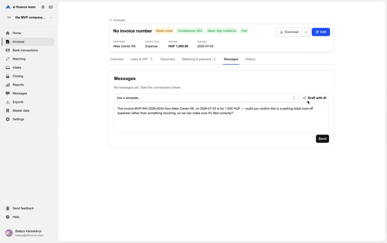 AI Finance Team drafting a question about an invoice