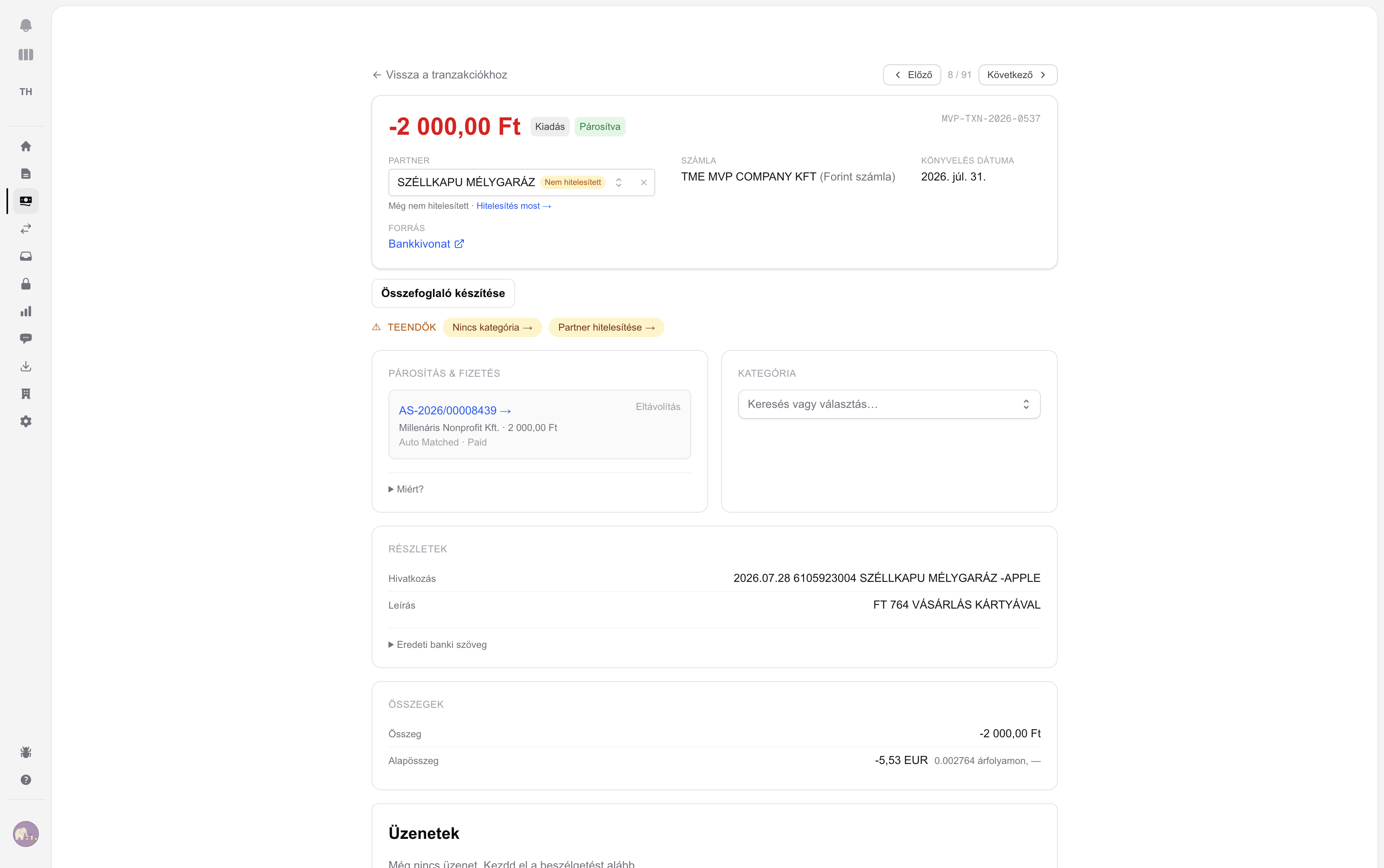 Számla–tranzakció párosítás az AI Finance Team rendszerben